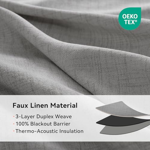 Image of 100% Blackout Shield Curtains, Grey, 2 Panels, 50''W x 108''L, Linen Textured Look, Thermal Insulated, Full Light Blackout, Grommet Top, Ideal for Living Room | 100% Blackout Shield Grommet Blackout Curtains for Bedroom, Thermal Insulated Drapes for Living Room, 50 inchW x 108 inchL, 2 Panels