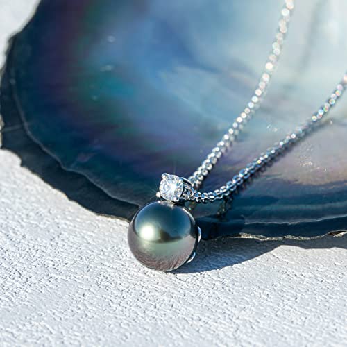 Genuine 9-13mm Tahitian Black Pearl with Moissanite Necklace for Women, AAAA Quality Handselected Nature Black Pearls, 10K Solid White Gold Pendant, 40+2+3mm Adjustable Sterling Silver Chain2