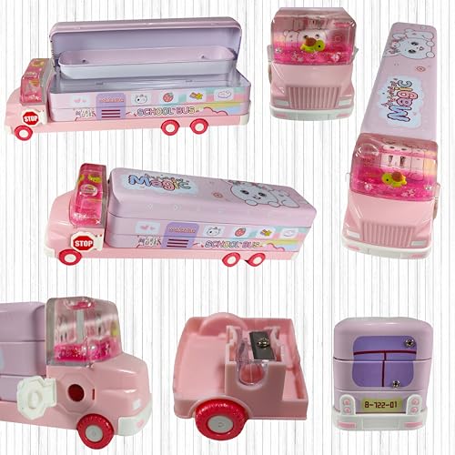 Image of ZAFCO Metal Bus Pencil Box for Boys | Gel Toy with Moving Wheels Compass for Kids | Pen Box for Students | Geometry for School | Birthday Return Gift 1 Unit (Pink-Truck)