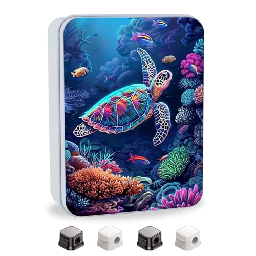 Image of Metal Tin Box with Lid for Game Cards Home Organizer Candles Keys Crafts Storage - Equipped with 4 Magnetic Cord Clips,Sea Turtle