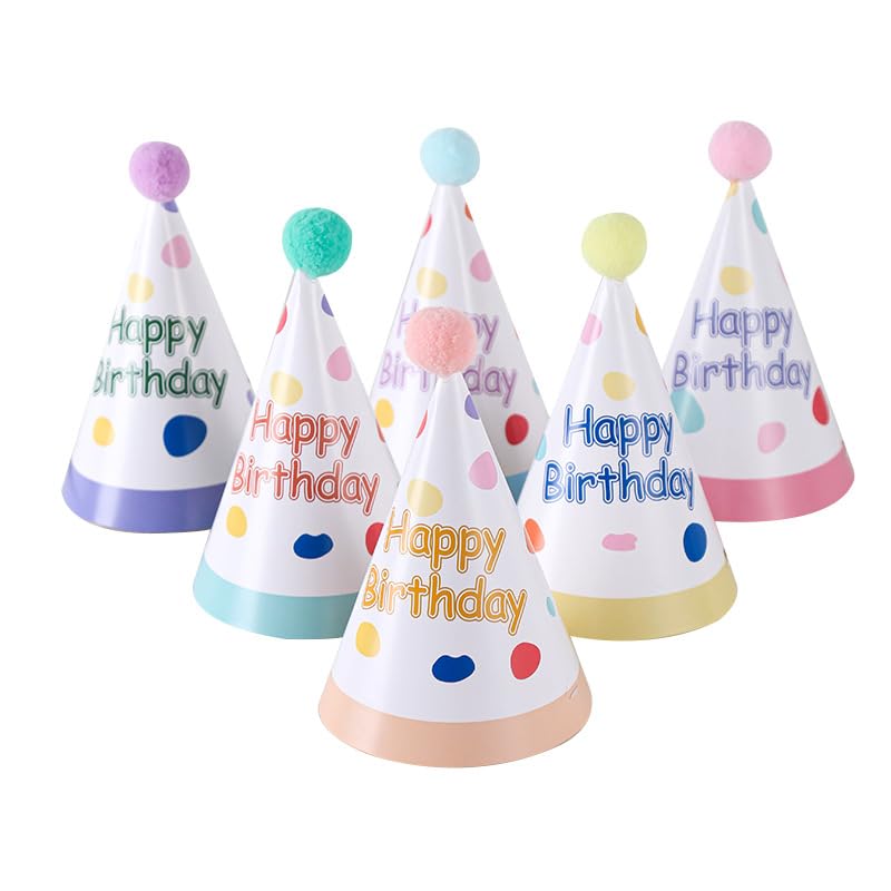 LEBKFT 12Pcs Happy Birthday Party Hats, Colorful Holographic Pom Poms Adjustable Cone Birthday Hats for Adults Reusable Glitter Party Headwear for Birthday Photo Props Celebration Decorations (Type B)