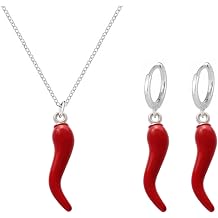 Italian Horn Necklace Earrings Set for Women Dainty Fashion 14K Gold Plated Red Pepper Pendant Necklace 3D Enamel Chili Hoop Earrings Minimalist Birthday Party Jewelry
