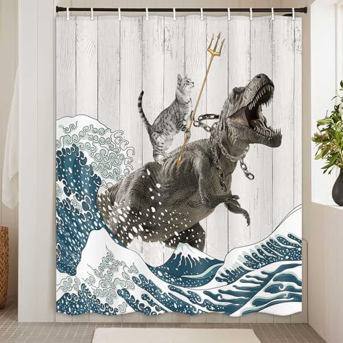 Image of Boziqr Funny Cat Shower Stall Curtain, Cool Cat Dinosaur Japanese Ocean Wave Decor Fabric Bathroom Curtains, Kids Children Rustic Wooden Farmhouse Shower Curtain, 60 X 70 Inches