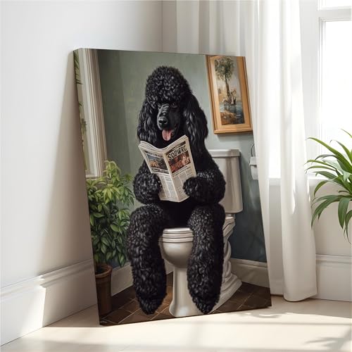 Image of Poodle Black on Toilet Wall Art Print Canvas Wrapped, Dog Bathroom Humor Decor Posters Prints for Restroom Home Picture Painting Artwork Gallery 7 (Poodle Black, 20 inchL x 16 inchW CANVAS, Wrapped Canvas)