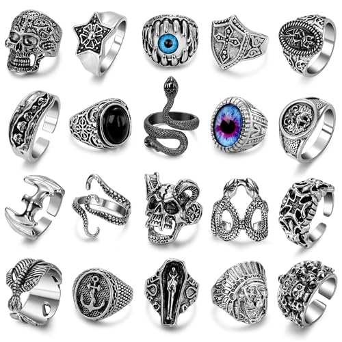 REVOLIA 20Pcs Vintage Silver Punk Rings for Men Cool Gothic Chunky Biker Kunckle Rings Set Skull Feather Snake Octopus Devil Eyes Stacking Rings Jewelry Pack
