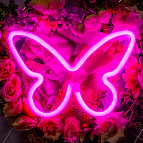 Image of Butterfly Neon Signs LED Light 3-AA Battery Powered, USB Operated Wall Neon Light Decor Butterfly Neon Wall Art for Bedroom Wedding Birthday Party Home Decor (Pink)