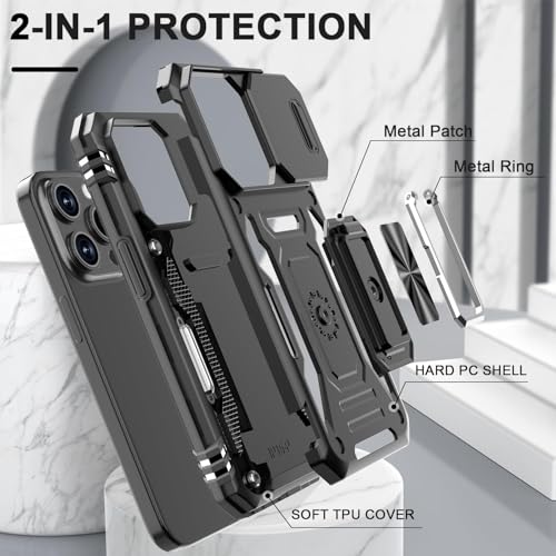Image of ShieldTech Polycarbonate Back Cover Case Compatible for Apple iPhone 15 Pro with Slide Camera Cover & Rotated Ring Kickstand | Military Grade Mobile Phone Cover Case for Apple iPhone 15 Pro (Black)