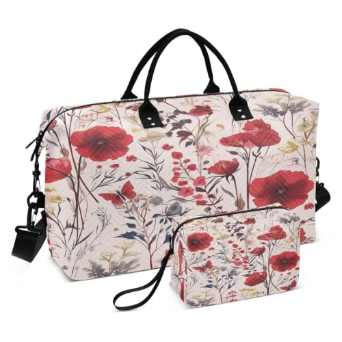 Sac de sport de natation rouge imprimé fleur avec trousse de maquillage pour voyage femme