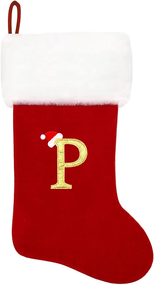 20 Inches Monogram Christmas Stockings Red Velvet with White Super Soft Plush Cuff Embroidered Xmas Stockings Classic Personalized Stocking Decorations for Family Holiday Season Decor(Letter P)
