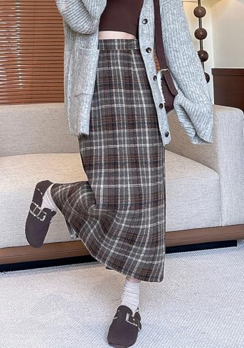 chouyatou Women Fall Winter Elastic High Waist Plaid Skirt A-Line Maxi Long Wool Pencil Skirt with Split2