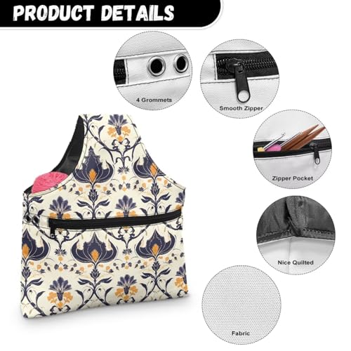 Image of ZUXONGSY Damask Floral Knot Yarn Tote Bags for CrochetingH Portable Yarn Bags for Crocheting on The Go Travel Yarn Storage Handbag