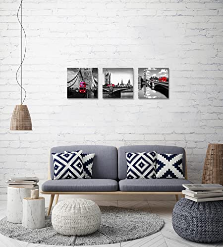 Nan Wind 3 Pcs Modern Giclee Canvas Prints London Black And White With Red Bus Wall Art London Bridge Poster Cityscape Paintings On Canvas Stretched And Framed Ready To Hang For Home Decor #TOP5