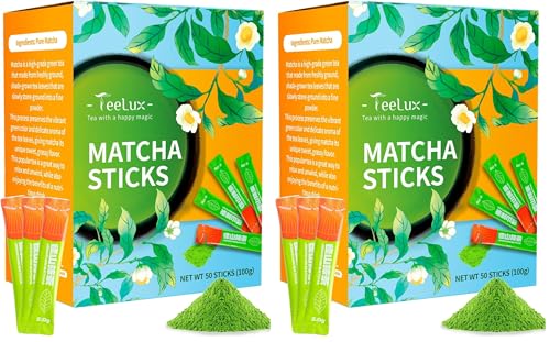 Image of TeeLux Matcha Green Tea Powder, Premium First Harvest Culinary Grade Matcha Single Serve Packets, Unsweetened Matcha Powder Travel Stick Packs, 50 Count (Pack of 2)