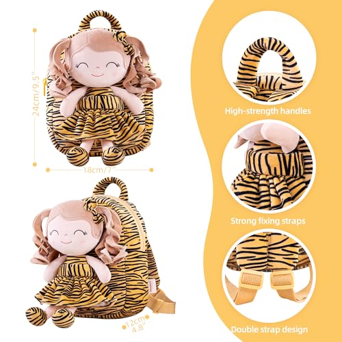 Image of Gloveleya Toddler Backpack Baby Girl Gifts Curly Hair Plush Figures Dress Backpack Kids Backpack Curly Hair Animal Backpack - Tiger 9inches