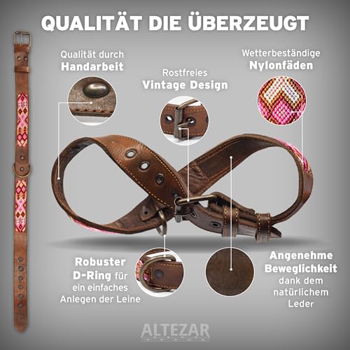 ALTEZAR Lederhalsband Hund - Doppelt Tribal Bestickt Rosa Weiß Pink Braun - Hochwertiges Hundehalsband Leder - Handgemacht in Mexiko - Größe XS - Halsband Hund für sehr kleine Hunde Leder breit