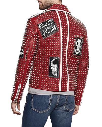 Image of Men's Studded Cowhide Leather Biker Jacket - Punk Rock Spiked Brando Coat