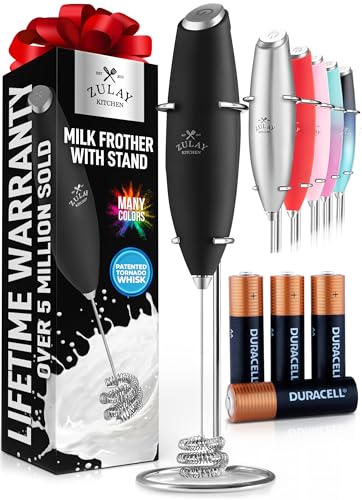 Zulay Kitchen Patented Tornado Triple Whisk Milk Frother with 4 Duracell Batteries – Handheld Foam Maker for Coffee, Lattes, Matcha & Hot Chocolate – Rich, Creamy Froth in Seconds