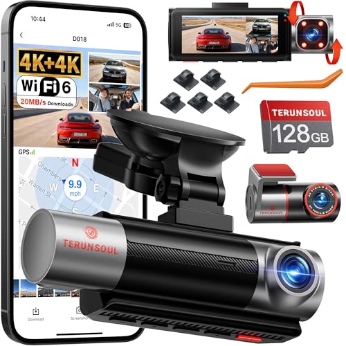 TERUNSOUl 3 Channel 4K+3K+1080P Dash Cam Front and Rear with Cabin, Free 127GB Card, WiFi 5 Up to 21MB/s, IR Night Vision, Starlight Night Vision, G-Sensor, 24H Parking Mode, Support 513GB Max, Clip