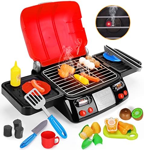 Kids Play Food Grill with Pretend Smoke Sound Light Kitchen Playset BBQ Accessories Camping Toy Cooking Set Easter Basket Suffer Birthday Gift Outdoor Toy for Toddler Children Boy Girl Kid Toy Outside