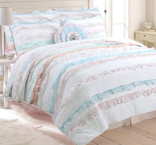 Cozy Line Home Fashions Light Pink Blue Coral White Ruffle 100% Cotton Reversible Girl Quilt Bedding Set, Reversible Coverlet Bedspread (Shabby Chic, Queen - 4 Piece)