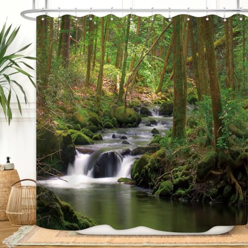 ZXMBF Nature Shower Curtain Flowing Stream Forest Waterfall Natural Landscape Green Trees Jungle Mossy Rocks Themed Scenery Waterproof Fabric Bathroom Decor 72x72 Inch Plastic Hooks 12PCS