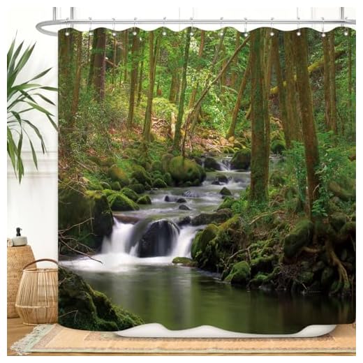 ZXMBF Nature Shower Curtain Flowing Stream Forest Waterfall Natural Landscape Green Trees Jungle Mossy Rocks Themed Scenery Waterproof Fabric Bathroom Decor 72x72 Inch Plastic Hooks 12PCS