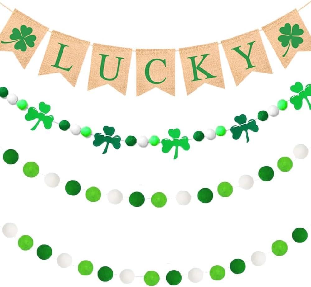 Lucky Banner, 4 Pcs St. Patricks Day Decorations Burlap Bunting Pennant and Felt Shamrock Clover with Green White Pom Pom Ball Hanging Garland Irish Party Favor for Mantel Office Classroom
