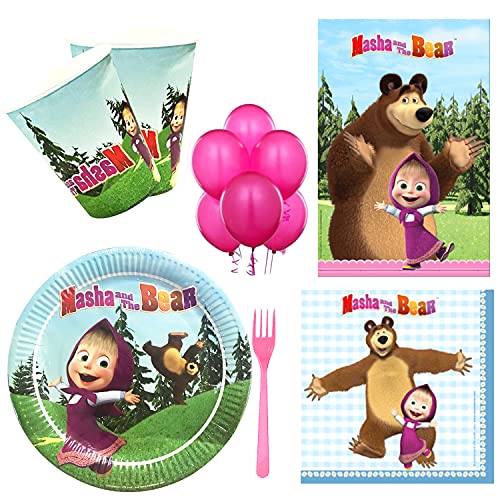 16 Kids Set of Masha and The Bear Party Supplies and Birthday New Year's Tableware Colored Napkins Paper Plates in a Set of 88 Items for 16 Guests