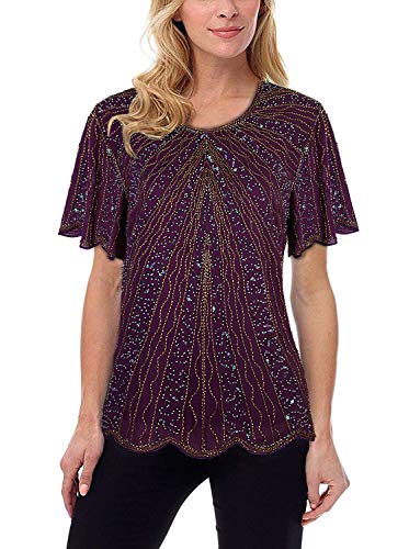 Vijiv Women's 1920s Vintage Beaded Evening Top Art Deco Scalloped Hem Sequin Embellished Blouse Tunic4