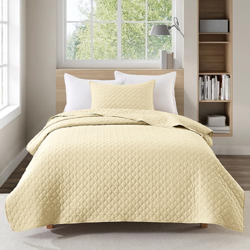 HORIMOTE HOME Quilt Twin Size Light Yellow, Lightweight Quilt for Summer Ultra-Soft Microfiber Modern Style Quilted Clouds Pattern Bedspread Quit Set 2 Pieces (1 Quilt and 1 Pillow Sham)