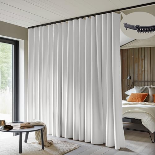 Image of MaKefeile Room Divider Curtains with Flexible Ceiling Curtain Tracks Set,100% Blackout Floor to Ceiling Curtains Patio Sliding Door Curtains (White Drape & Black Rail W 8.3 x H 7 FT)