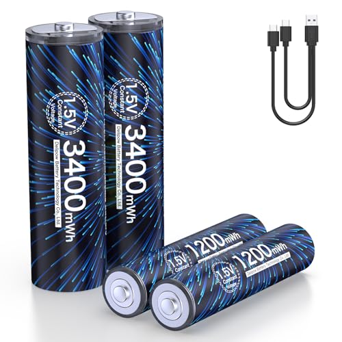 MXBatt USB C Litio Pilas Recargables AA 3400mWh 2 Pieces, Pilas AAA Recargables 1200mWh 2 Pieces con Cable Puerto USB C 1500 Ciclos