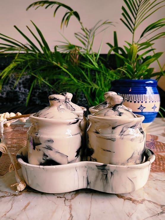 Image of Niyara Multipurpose Storage Ceramic Pickle set Jars with Lid & tray (Set of 4, 300 ml) (Classic Marble look)
