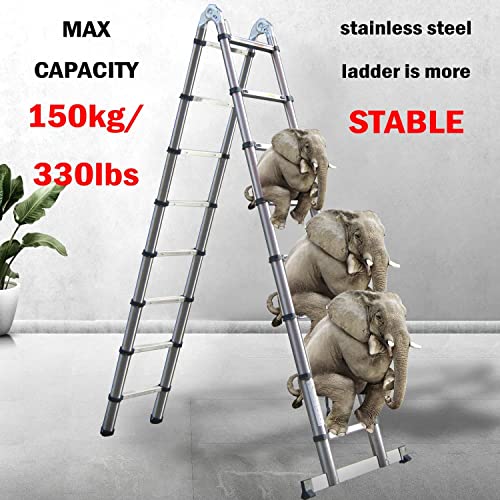 5M 16.5Ft A Frame Telescopic Folding Ladder Stainless Steel Extendable Extension Foldable Portable Steps Ladders Indoor Outdoor 330Lbs Load Capacity #TOP3