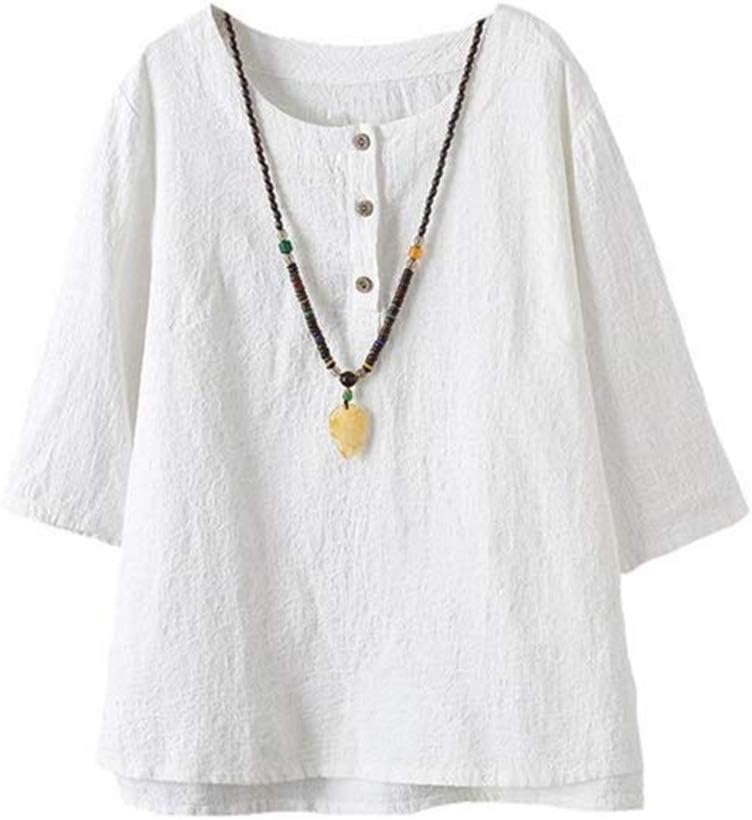 FTCayanz Women’s Linen Tops Shirts Summer Casual Jacquard Tunic Blouse