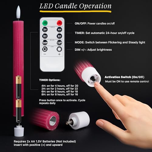 Image of 10 inch Fluted LED Pink Grooved Pillar Candles with 2 Remotes & 24h Timer Memory, On /Off Switch - Flameless Dimmable Battery Operated w /Flicker Mode, Home Wedding Decor (12 Pack)