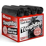 ToughBag 65 Gallon Trash Bags (120 Count) – 50x48' Large Black Garbage Can Liners – Made in USA