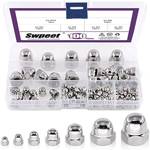 100Pcs 304 Stainless Steel Serrated Metric Acorn Cap Nuts Hex Dome Cap Assortment Kit, 7 Sizes - M3 M4 M5 M6 M8 M10 M12