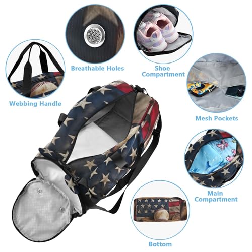 American Baseball Duffle Bag for Girl, Sports Duffle Gym Bags with Shoe Compartment, Personalized Overnight Bag Travel Weekender for Kids3