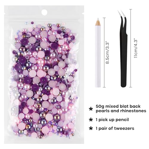 ASTARON 50g Mix Flatback Rhinestones Half Pearls for Crafts Mixed Size 3mm-10mm Flat Back Rhinestones for Crafts Flatback Pearls for Decorating Tumblers Mugs Nail Art Shoes (Purple Pink Series)