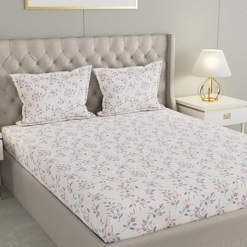 Image of Raymond Home 200TC Affair Cotton Rich Super Soft Floral Double Bedsheet (2.29 Mx2.54 M) with 2 Pillow Covers(46 CM x 69 CM) - White & Pink