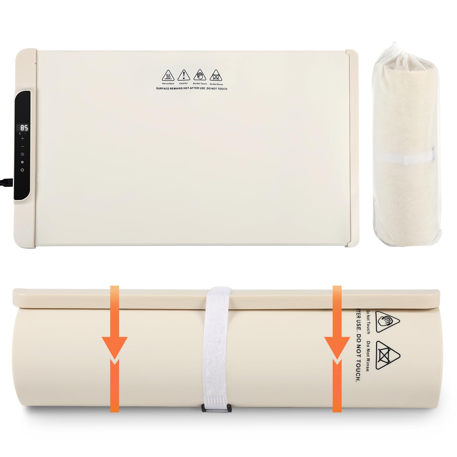 Warmhalteplatte Elektrisch, 240W Faltbare Speisenwärmer mit einstellbare Temperaturkontrolle,Timer, Nano-Silikon & Kindersicherung, für Warm Halten oder Auftauen,Beige