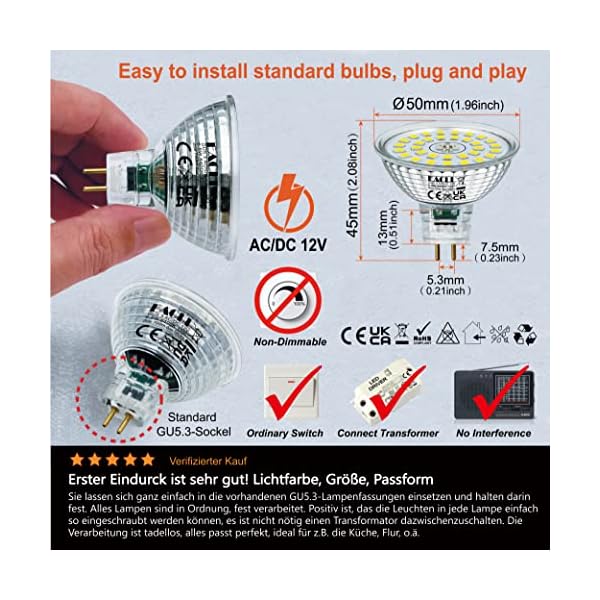 EACLL GU5.3 LED Warmweiß 6.5W Ersetzt 50W MR16 Halogen Leuchtmittel, 6er-Pack. 585 Lumen 2700K Birnen, AC/DC 12V… – Bild 3
