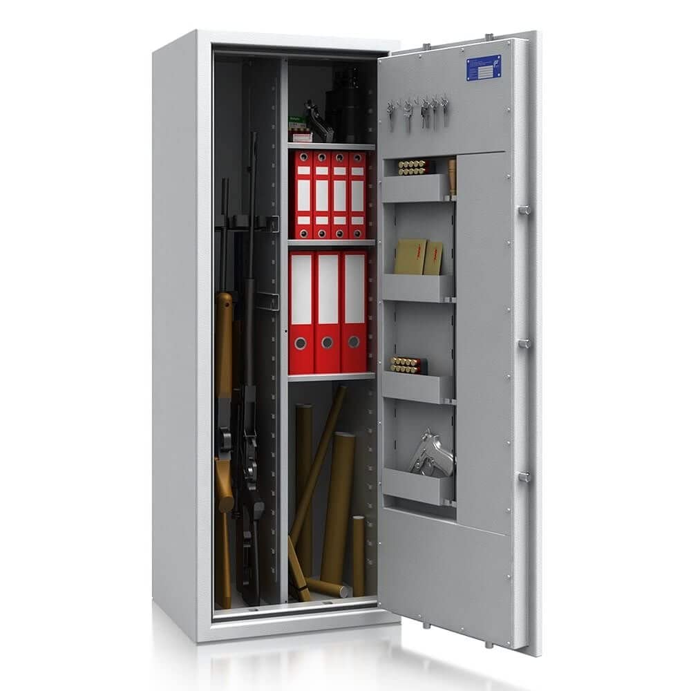 SafeHero Waffenschrank Klasse 1 EN 1143-1 Secureo Eagle 7 Kombi | Waffenschrank 1 für 7 Langwaffen | Langwaffenschrank Elektronikschloss mit Schlüssel | Waffenschrank Langwaffen, Kurzwaffen + Munition