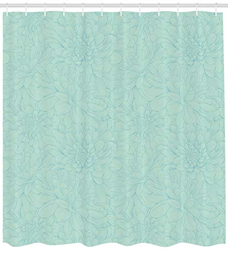 ABAKUHAUS Turquoise Shower Curtain, Dahlia Flowers Bouquet Hand Drawn Style with Brush Strokes Effect Ornamental Art - Image 2