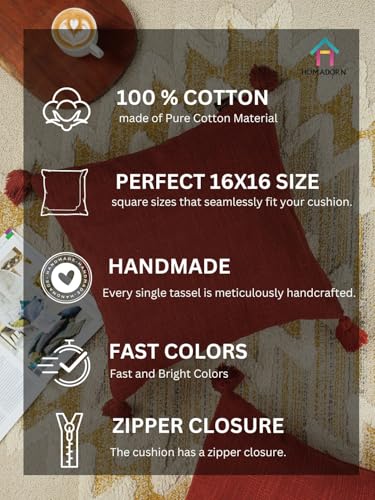 Image of HOMADORN Luxury Cotton Handmade Decorative Boho Throw Pillow Covers with Tassels for Sofa Couch Living Room Indoor Outdoor Chair Car Farmhouse (16X16 INCHES (Square), Rust (Pack of 2))