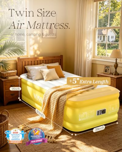 Image of VOSSER Twin XL Air Mattress with Built-in Pump, 18 inch Raised 80 inch Extra Long Inflatable Blow Up Mattress, Flocked Top Single Air Bed for Home, Guests &Floor,Portable Bed Twin Size Air Mattress
