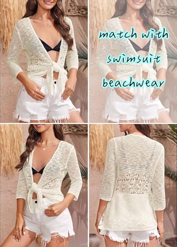 Image of Nulibenna Womens Sheer Shrug Sweaters 3 /4 Sleeve Open Front Tie Cardigan Bolero Jacket Lightweight Crochet Knit Cover Up Tops
