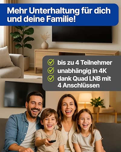 SCHWAIGER Satellitenschüssel Komplettset - Ø 80 cm Stahl Offset Antenne in Hellgrau - Inkl. sonnengeschütztes Quad LNB 4-Fach - Digital HD & 4K Empfang - Integrierte Kabelführung & wetterfest