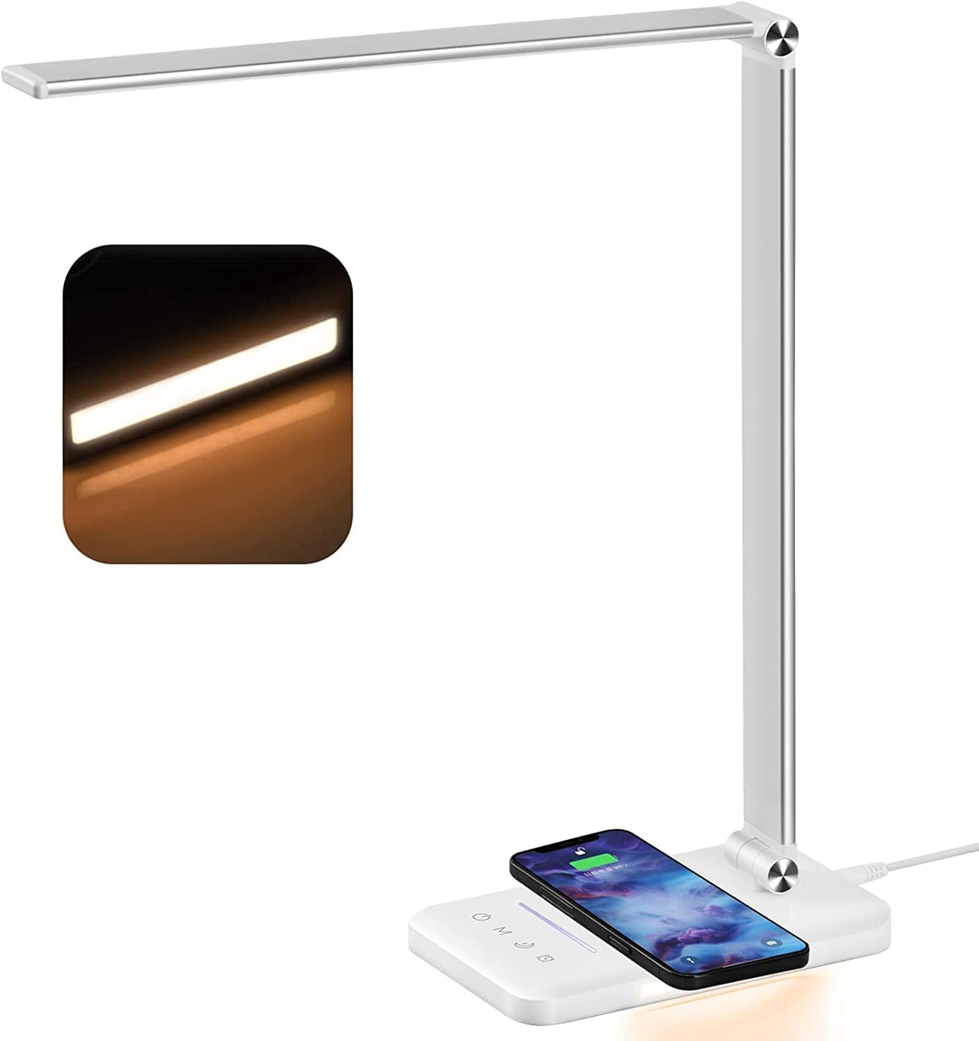 BIENSER Lampada da Scrivania LED con Ricarica Wireless 10W, Funzione di Ricarica USB, 600LM Lampada da Tavolo con 10 Livelli di Luminosità × 5 Colori, Luce Notturna, Memoria, Timer Auto, 6000K, 24W